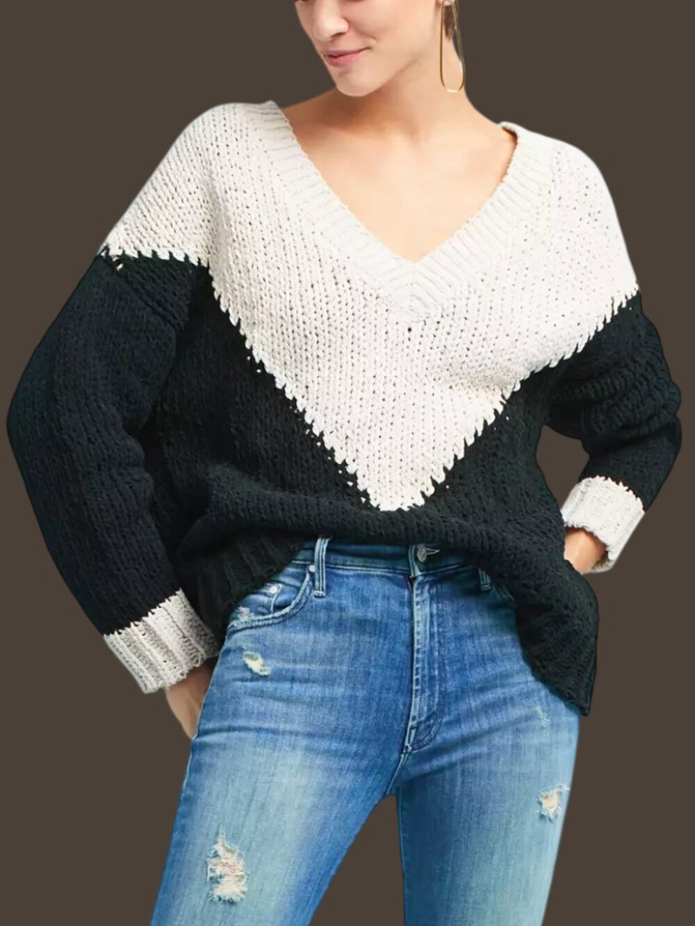 Anthropologie Moon River Colorblock Chenille V Neck Sweater Black White Small